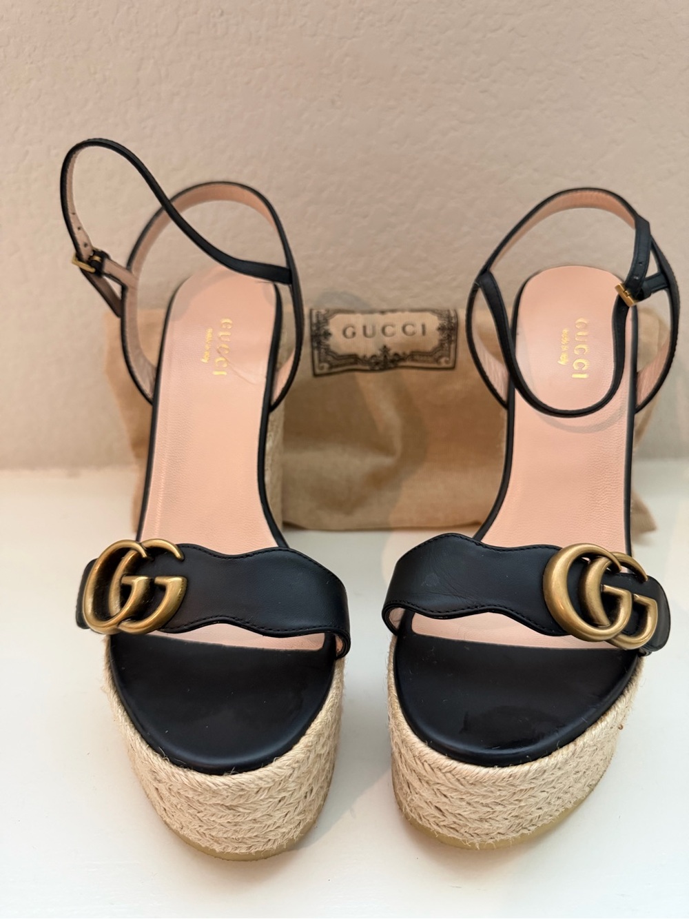 GUCCI Women's GG Marmont Wedge Espadrille Sandals Leather - Picture 3 of 8